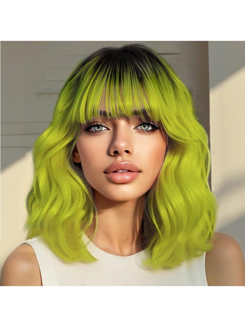 Women's Ombre Green Wig for Short Pastel Wavy Curly Bob with Bangs